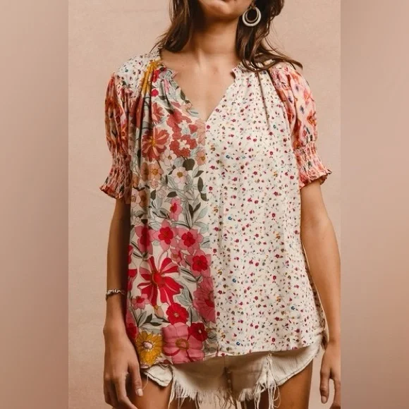 Floral Patchwork Boho Peasant Top | Smocked Sleeve Woven Blouse - Picture 5 of 9